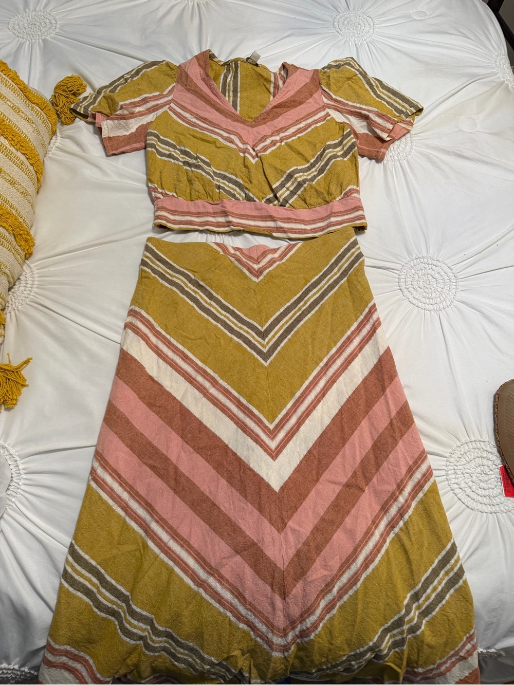 Cato Striped V‑Neck Maxi Dress in Mustard, Pink & Cream